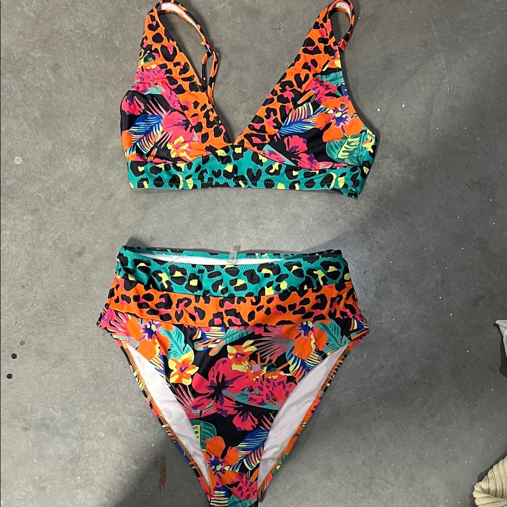 Vibrant Floral and Leopard Print Bikini Set